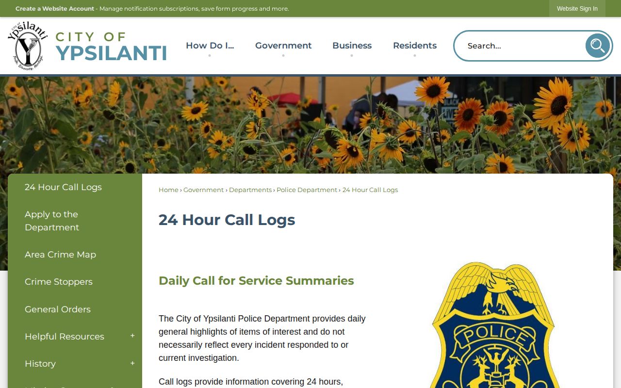 Ypsilanti Police Department 24-hour call logs archive page