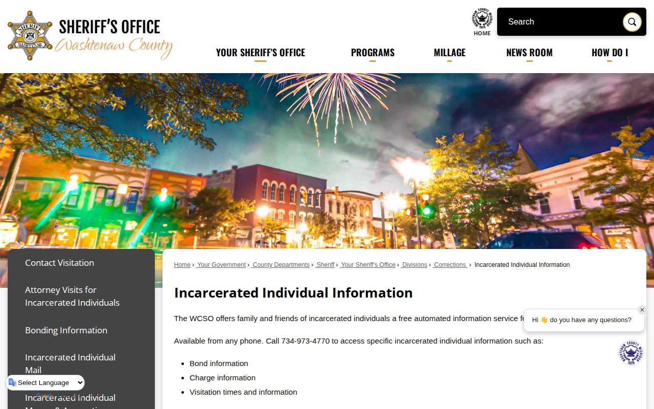 Washtenaw County incarcerated individual information page for current jail custody services