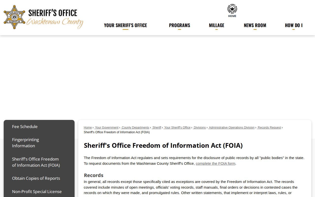 Washtenaw County Sheriff Freedom of Information Act request page