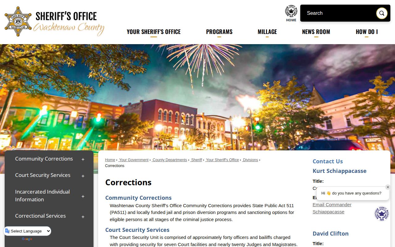 Washtenaw County Corrections web page for jail services