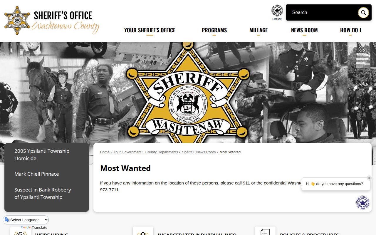 Washtenaw County Sheriff Most Wanted web page