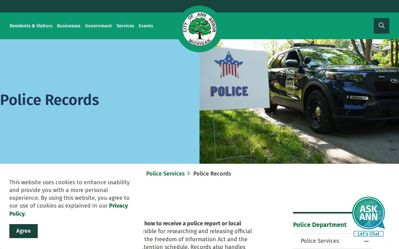 Ann Arbor Police Department official police records webpage