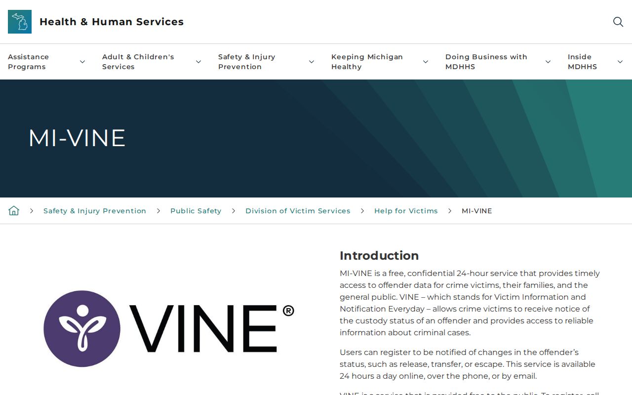 Michigan MI-VINE custody information and notification program page