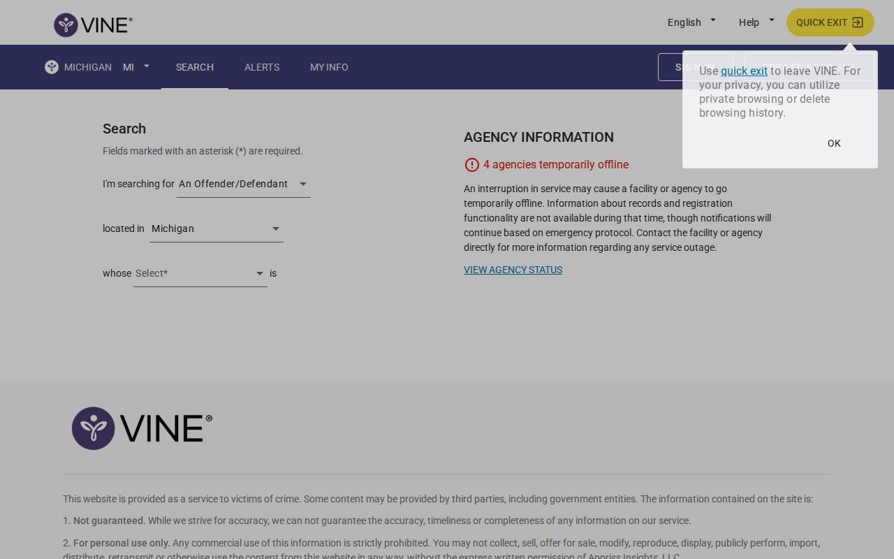 VINELink Michigan person search interface for a custody lookup