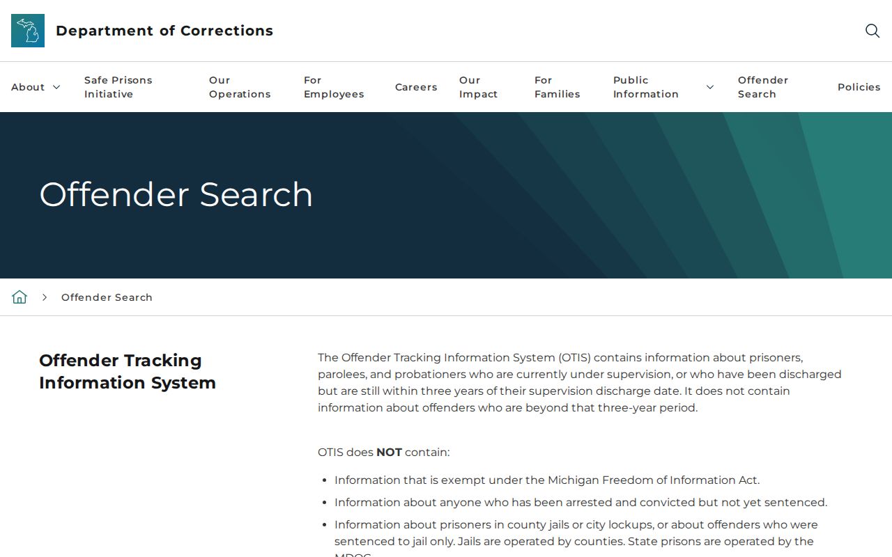 Michigan Department of Corrections OTIS information page