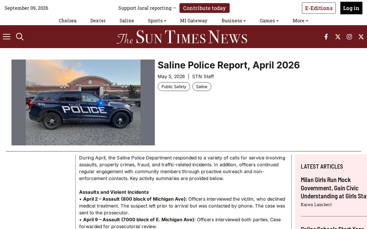 The Sun Times News Saline police report webpage